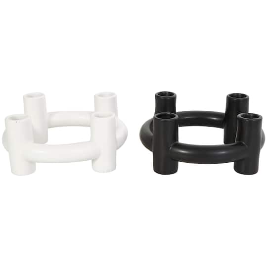 CosmoLiving by Cosmopolitan 8" Black & White Ceramic Geometric Circle Taper Candle Holder Set
